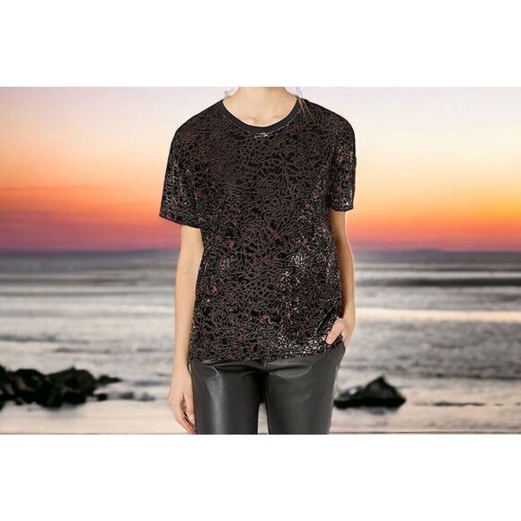 Free People Burnout Velvet Top Womens Short Sleeve Teddy T-Shirt‎ Charcoal Small - Picture 1 of 8